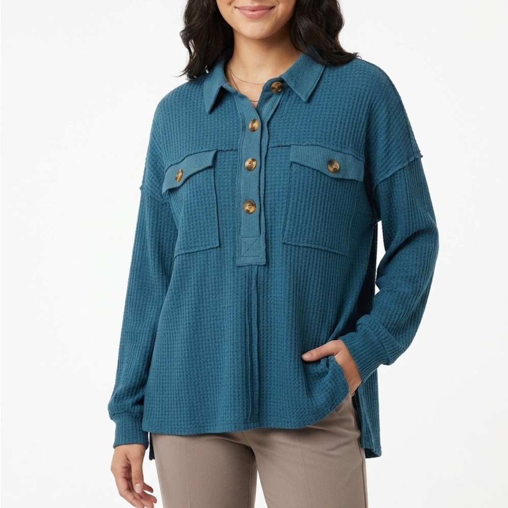 Umgee Waffle Knit Button Front Top Teal Long Sleeve Collared Shirt Size L